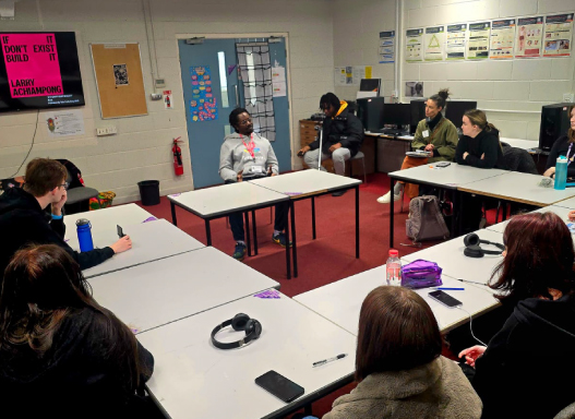 Picture of our students during the masterclasses with artist Larry Achiampong in partnership with Heart of Glass